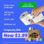 Who Gives A Crap 100% Recycled 3 Ply Double Length Toilet Paper Rolls, 400 Sheets, Pack of 48
