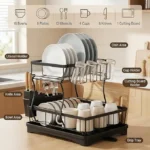 Dish Drying Rack, 2-Tier Dish Rack with Drain Board, Detachable Rustproof Carbon Steel Dish Rack with Utensil Holder, Kitchen Countertop Storage & Organisation