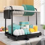 Sakugi 2-Tier Dish Drying Rack - Stainless Steel Dish Rack with Cutlery & Utensil Holders for Kitchen Counter, Black, 29.0 cm × 37.8 cm × 38.0 cm